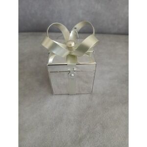 Silver Metal Gift Box Ornament Hinged Keepsake Trinket Box with Bow Holiday Deco